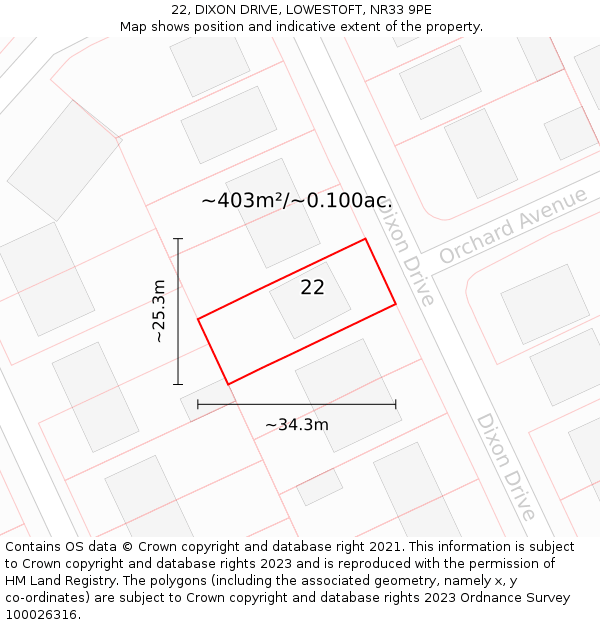 22, DIXON DRIVE, LOWESTOFT, NR33 9PE: Plot and title map