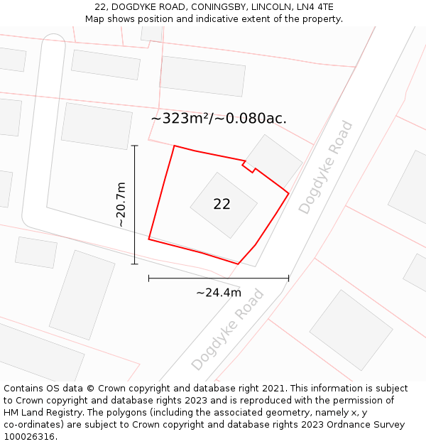 22, DOGDYKE ROAD, CONINGSBY, LINCOLN, LN4 4TE: Plot and title map