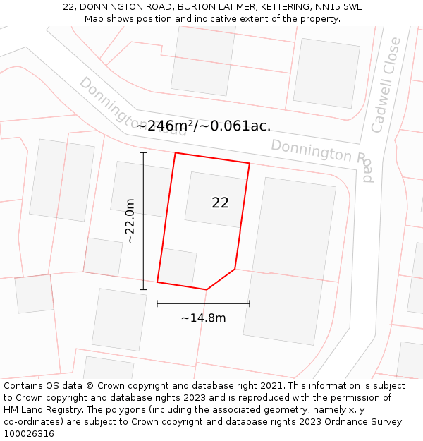 22, DONNINGTON ROAD, BURTON LATIMER, KETTERING, NN15 5WL: Plot and title map