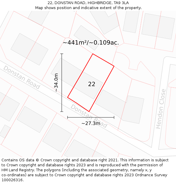 22, DONSTAN ROAD, HIGHBRIDGE, TA9 3LA: Plot and title map