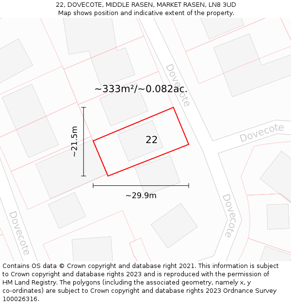 22, DOVECOTE, MIDDLE RASEN, MARKET RASEN, LN8 3UD: Plot and title map