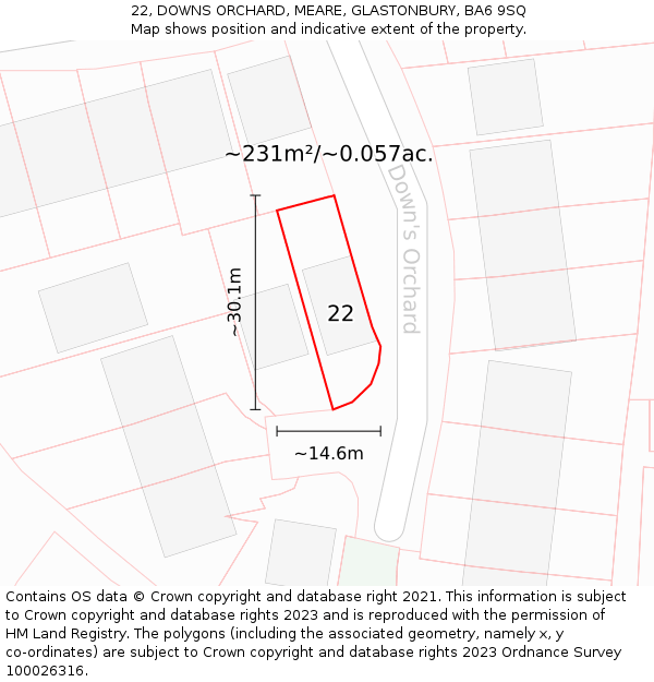 22, DOWNS ORCHARD, MEARE, GLASTONBURY, BA6 9SQ: Plot and title map