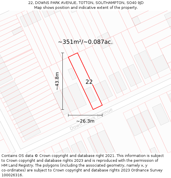 22, DOWNS PARK AVENUE, TOTTON, SOUTHAMPTON, SO40 9JD: Plot and title map