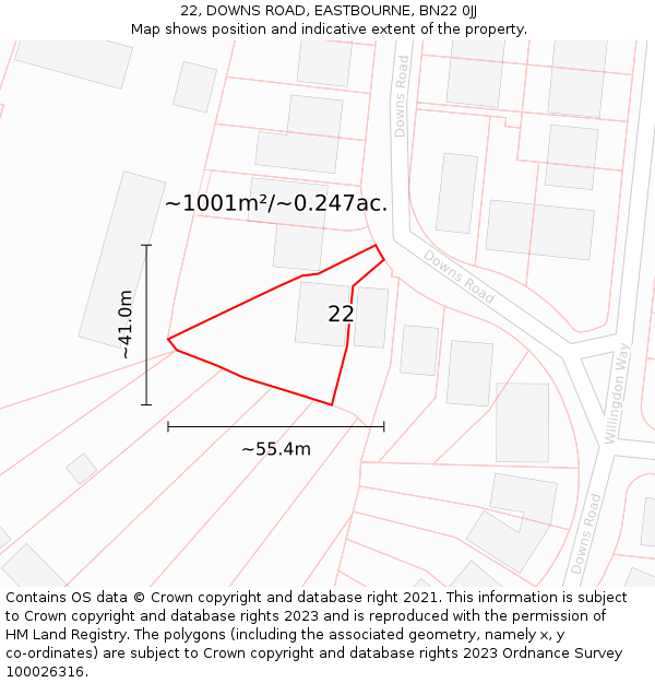 22, DOWNS ROAD, EASTBOURNE, BN22 0JJ: Plot and title map