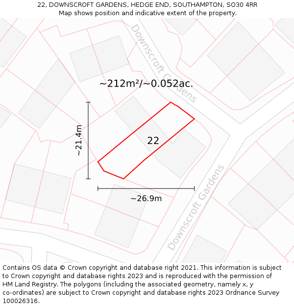 22, DOWNSCROFT GARDENS, HEDGE END, SOUTHAMPTON, SO30 4RR: Plot and title map