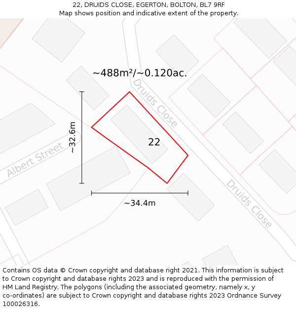 22, DRUIDS CLOSE, EGERTON, BOLTON, BL7 9RF: Plot and title map