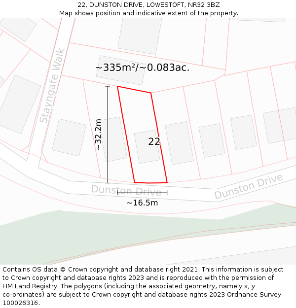 22, DUNSTON DRIVE, LOWESTOFT, NR32 3BZ: Plot and title map