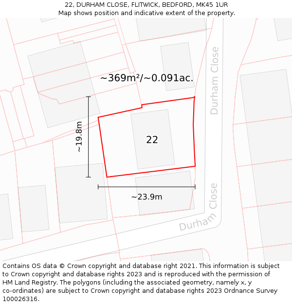 22, DURHAM CLOSE, FLITWICK, BEDFORD, MK45 1UR: Plot and title map