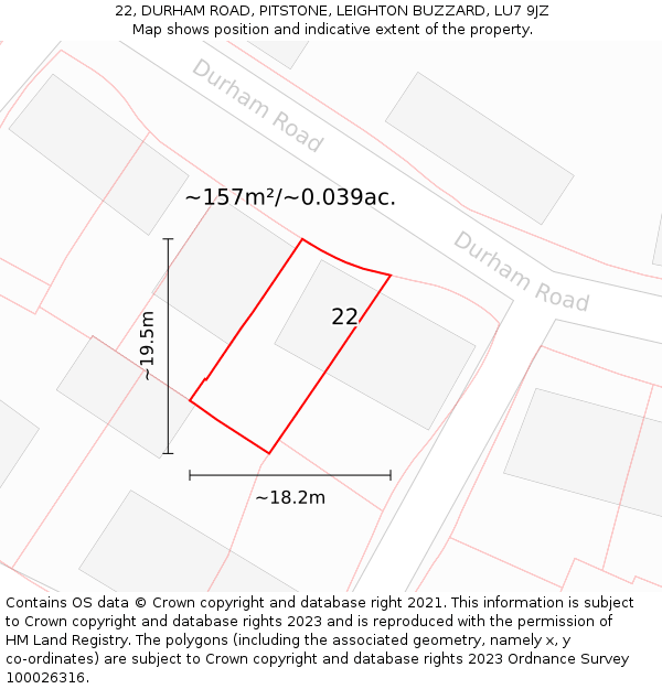 22, DURHAM ROAD, PITSTONE, LEIGHTON BUZZARD, LU7 9JZ: Plot and title map