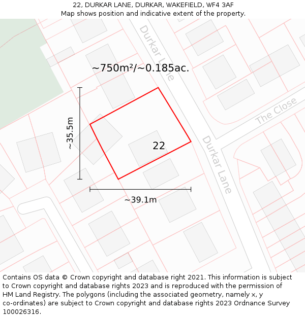 22, DURKAR LANE, DURKAR, WAKEFIELD, WF4 3AF: Plot and title map
