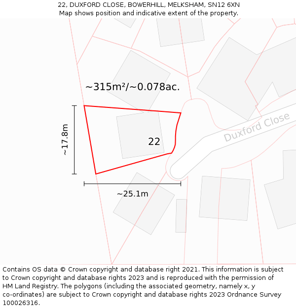 22, DUXFORD CLOSE, BOWERHILL, MELKSHAM, SN12 6XN: Plot and title map