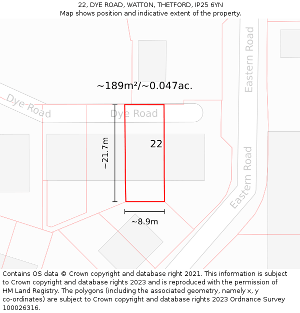 22, DYE ROAD, WATTON, THETFORD, IP25 6YN: Plot and title map
