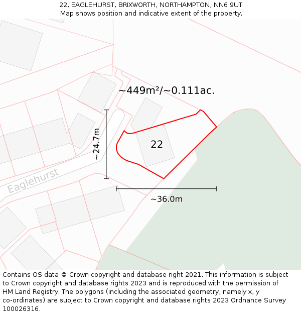 22, EAGLEHURST, BRIXWORTH, NORTHAMPTON, NN6 9UT: Plot and title map
