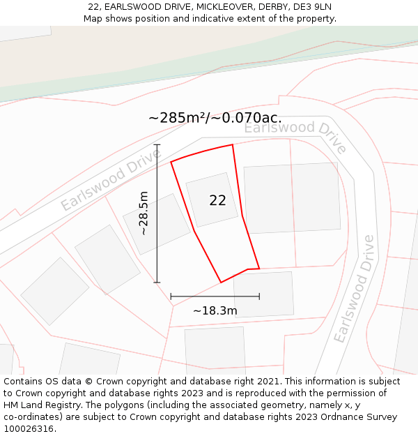 22, EARLSWOOD DRIVE, MICKLEOVER, DERBY, DE3 9LN: Plot and title map