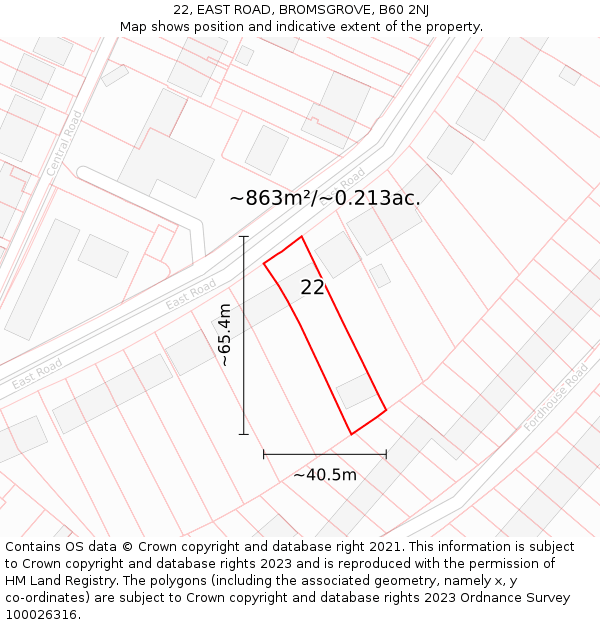 22, EAST ROAD, BROMSGROVE, B60 2NJ: Plot and title map