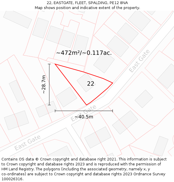 22, EASTGATE, FLEET, SPALDING, PE12 8NA: Plot and title map