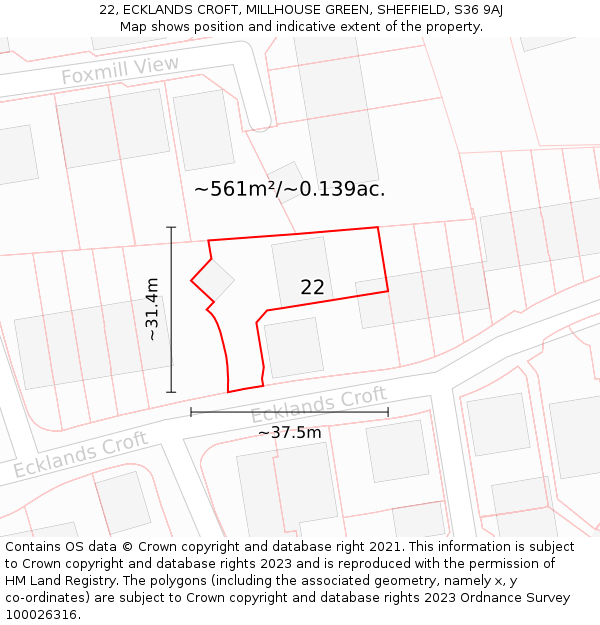 22, ECKLANDS CROFT, MILLHOUSE GREEN, SHEFFIELD, S36 9AJ: Plot and title map