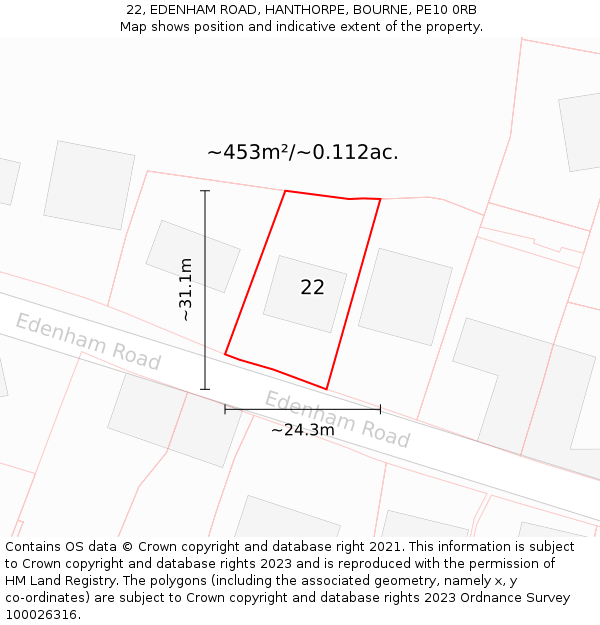 22, EDENHAM ROAD, HANTHORPE, BOURNE, PE10 0RB: Plot and title map