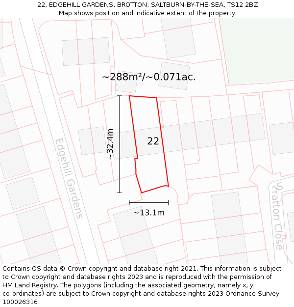 22, EDGEHILL GARDENS, BROTTON, SALTBURN-BY-THE-SEA, TS12 2BZ: Plot and title map