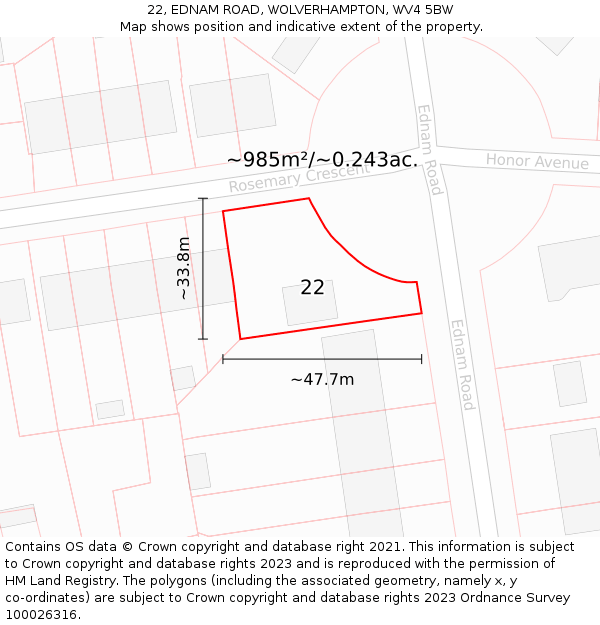 22, EDNAM ROAD, WOLVERHAMPTON, WV4 5BW: Plot and title map