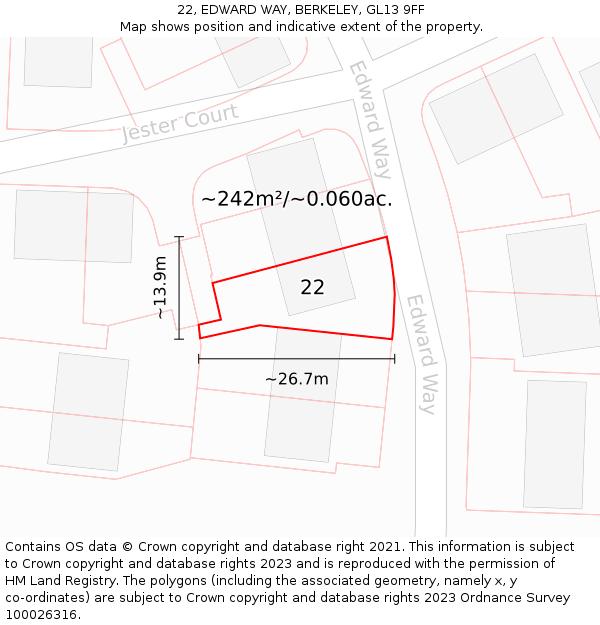 22, EDWARD WAY, BERKELEY, GL13 9FF: Plot and title map