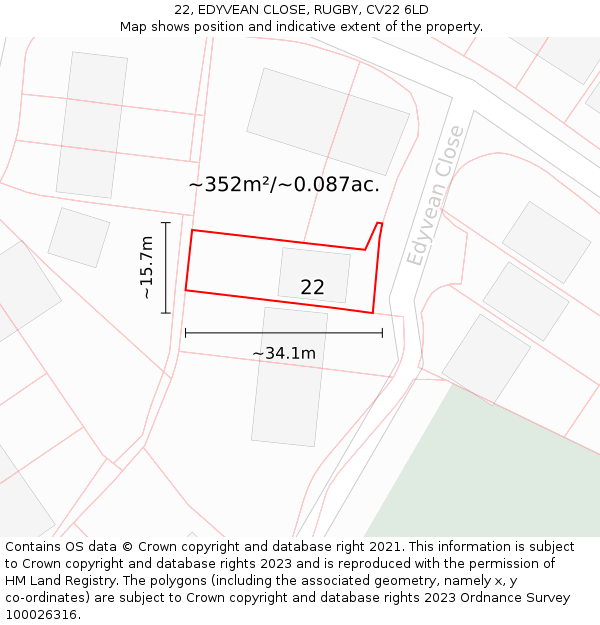 22, EDYVEAN CLOSE, RUGBY, CV22 6LD: Plot and title map