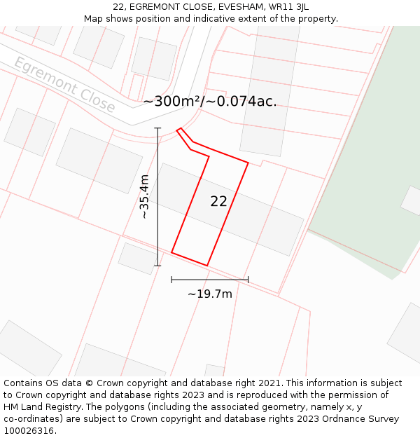 22, EGREMONT CLOSE, EVESHAM, WR11 3JL: Plot and title map