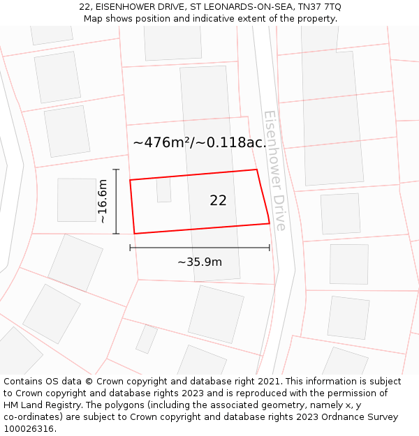 22, EISENHOWER DRIVE, ST LEONARDS-ON-SEA, TN37 7TQ: Plot and title map