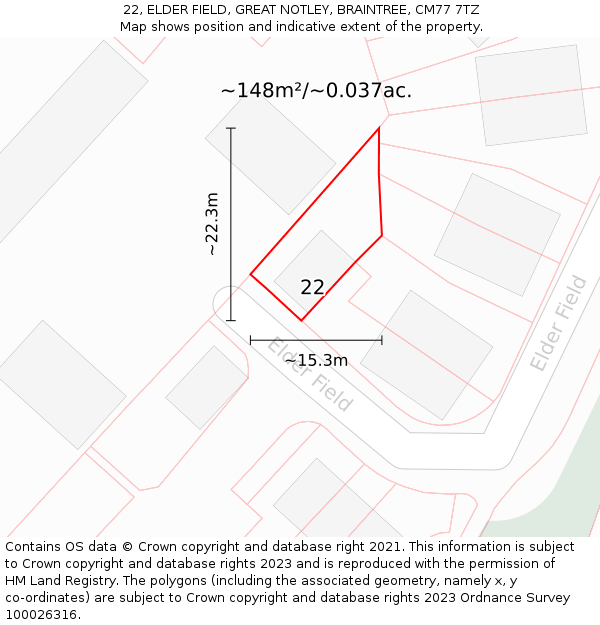 22, ELDER FIELD, GREAT NOTLEY, BRAINTREE, CM77 7TZ: Plot and title map