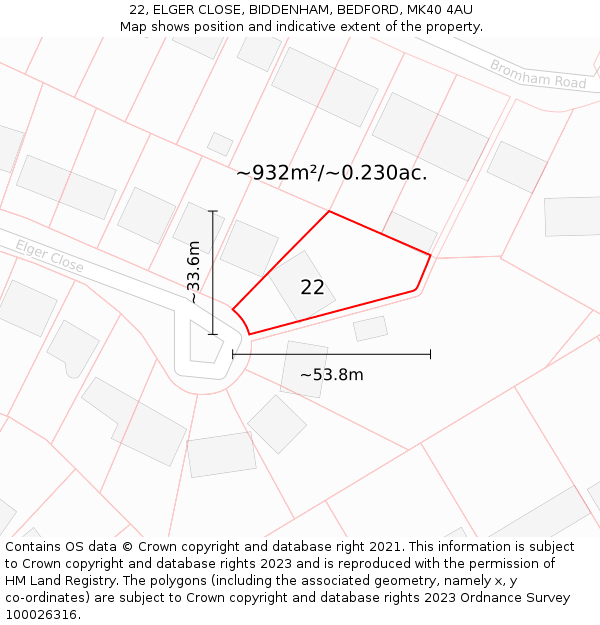 22, ELGER CLOSE, BIDDENHAM, BEDFORD, MK40 4AU: Plot and title map