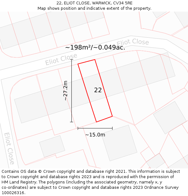 22, ELIOT CLOSE, WARWICK, CV34 5RE: Plot and title map
