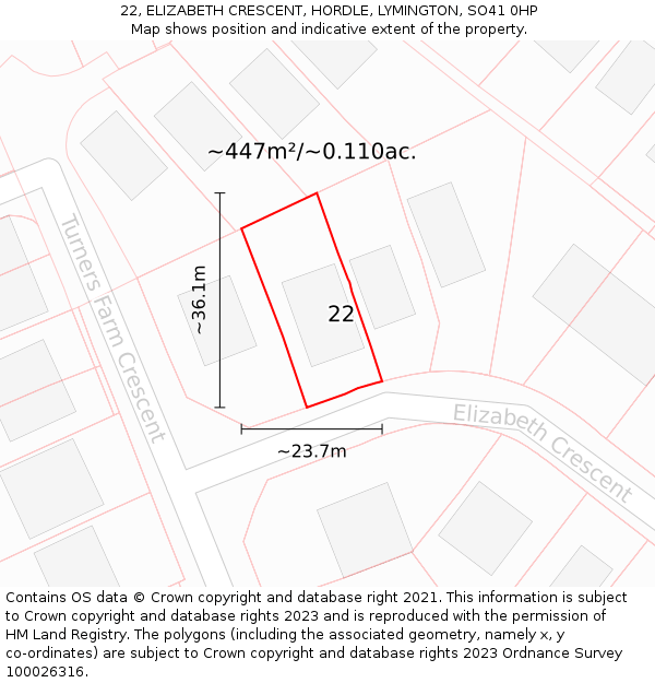 22, ELIZABETH CRESCENT, HORDLE, LYMINGTON, SO41 0HP: Plot and title map