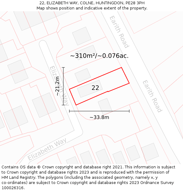 22, ELIZABETH WAY, COLNE, HUNTINGDON, PE28 3PH: Plot and title map