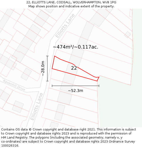 22, ELLIOTTS LANE, CODSALL, WOLVERHAMPTON, WV8 1PG: Plot and title map