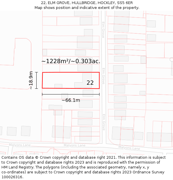 22, ELM GROVE, HULLBRIDGE, HOCKLEY, SS5 6ER: Plot and title map