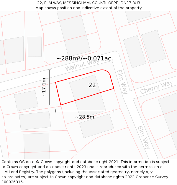 22, ELM WAY, MESSINGHAM, SCUNTHORPE, DN17 3UR: Plot and title map