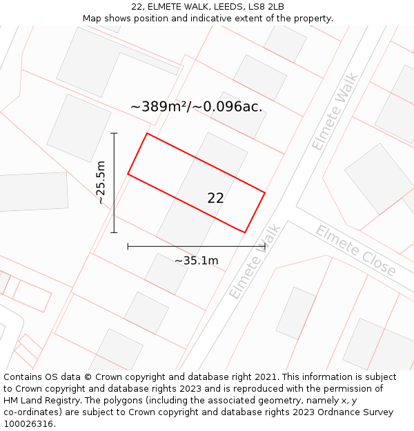 22, ELMETE WALK, LEEDS, LS8 2LB: Plot and title map