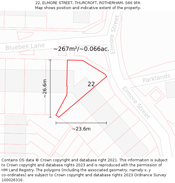 22, ELMORE STREET, THURCROFT, ROTHERHAM, S66 9FA: Plot and title map