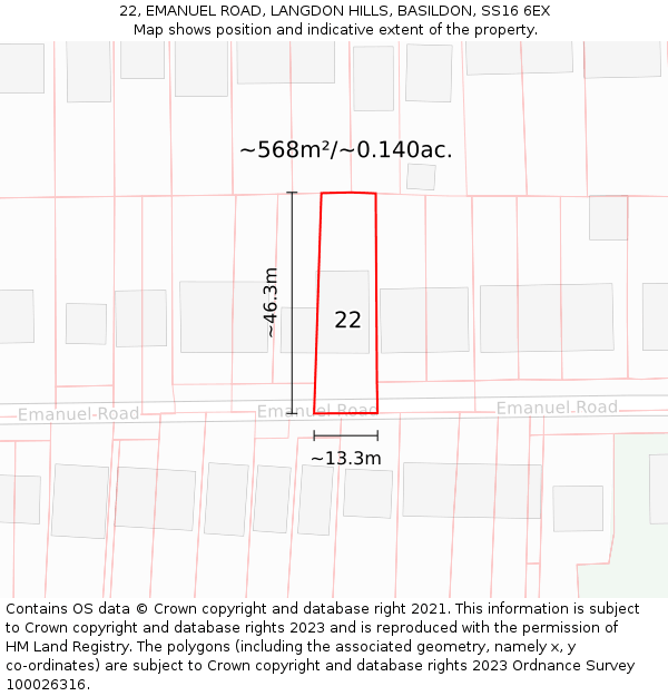 22, EMANUEL ROAD, LANGDON HILLS, BASILDON, SS16 6EX: Plot and title map