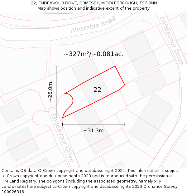 22, ENDEAVOUR DRIVE, ORMESBY, MIDDLESBROUGH, TS7 9NN: Plot and title map