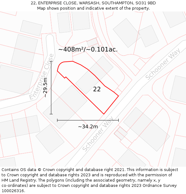 22, ENTERPRISE CLOSE, WARSASH, SOUTHAMPTON, SO31 9BD: Plot and title map