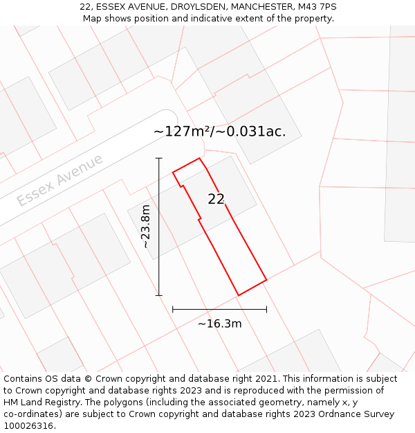 22, ESSEX AVENUE, DROYLSDEN, MANCHESTER, M43 7PS: Plot and title map