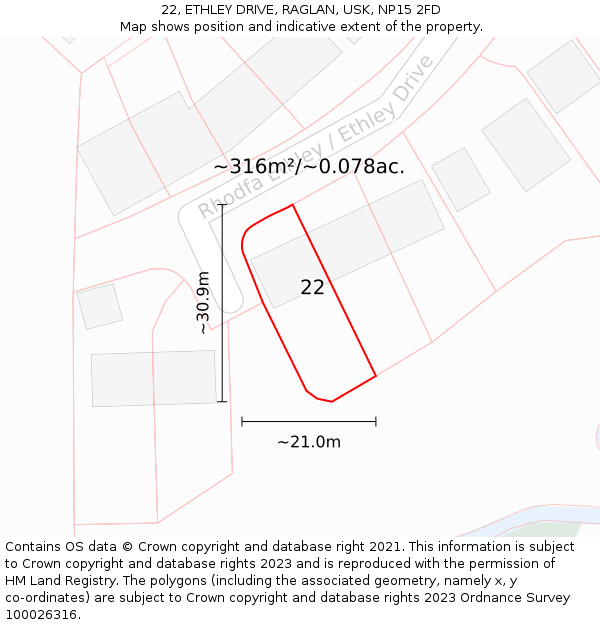 22, ETHLEY DRIVE, RAGLAN, USK, NP15 2FD: Plot and title map