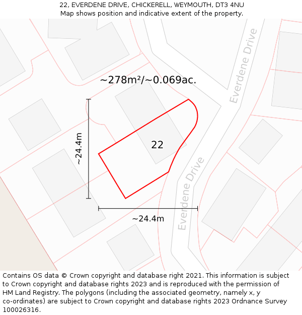 22, EVERDENE DRIVE, CHICKERELL, WEYMOUTH, DT3 4NU: Plot and title map