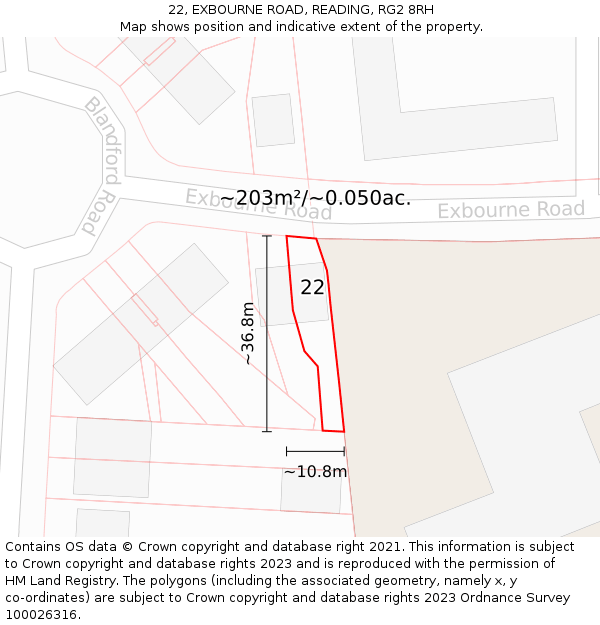22, EXBOURNE ROAD, READING, RG2 8RH: Plot and title map