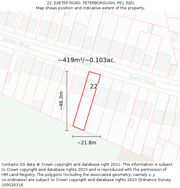 22, EXETER ROAD, PETERBOROUGH, PE1 3QN: Plot and title map