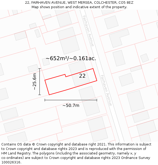 22, FAIRHAVEN AVENUE, WEST MERSEA, COLCHESTER, CO5 8EZ: Plot and title map