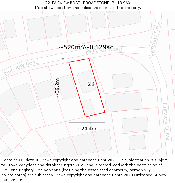 22, FAIRVIEW ROAD, BROADSTONE, BH18 9AX: Plot and title map