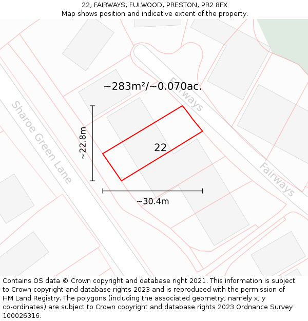 22, FAIRWAYS, FULWOOD, PRESTON, PR2 8FX: Plot and title map