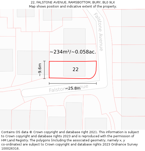 22, FALSTONE AVENUE, RAMSBOTTOM, BURY, BL0 9LX: Plot and title map